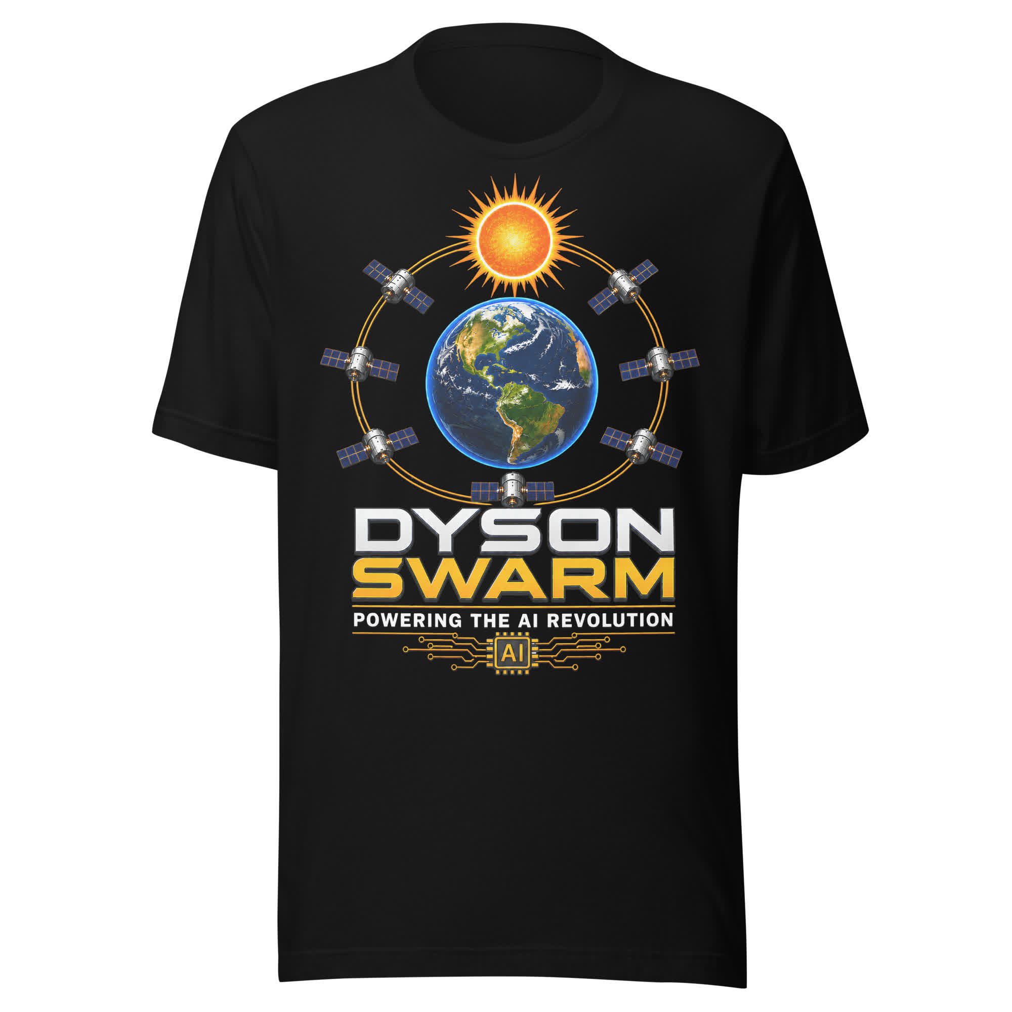 Full front view of the black Dyson Swarm graphic T-shirt