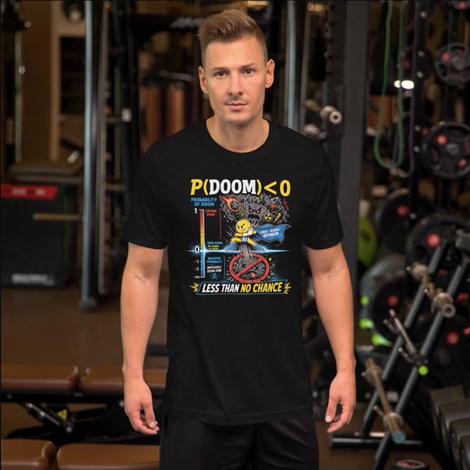 Full front view of the black P(Doom) < 0 graphic T-shirt