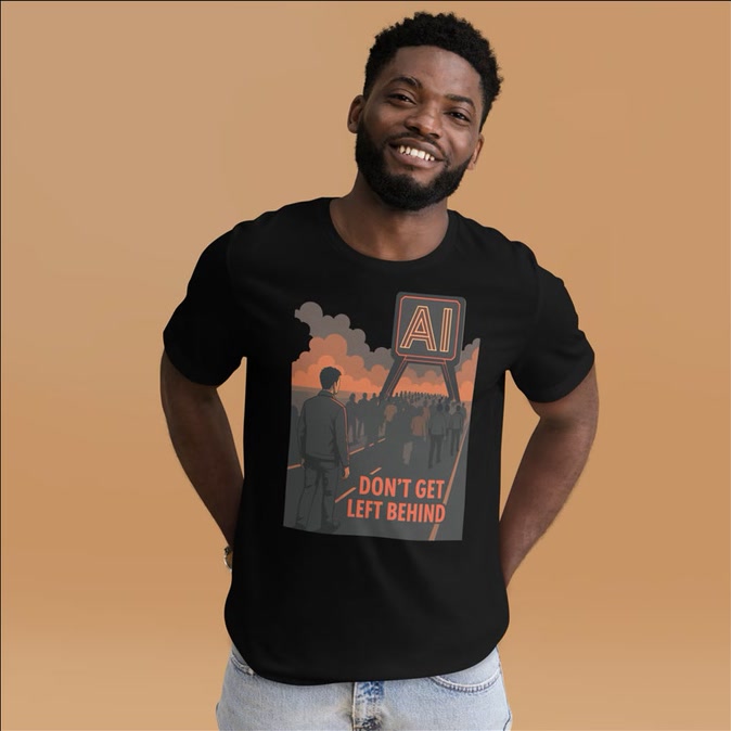 Full front view of the black AI: Don't Get Left Behind graphic T-shirt