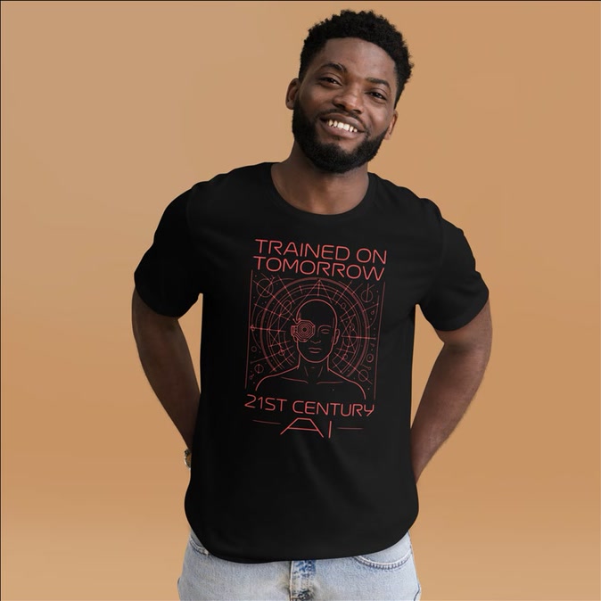 Full front view of the black Trained on Tomorrow graphic T-shirt