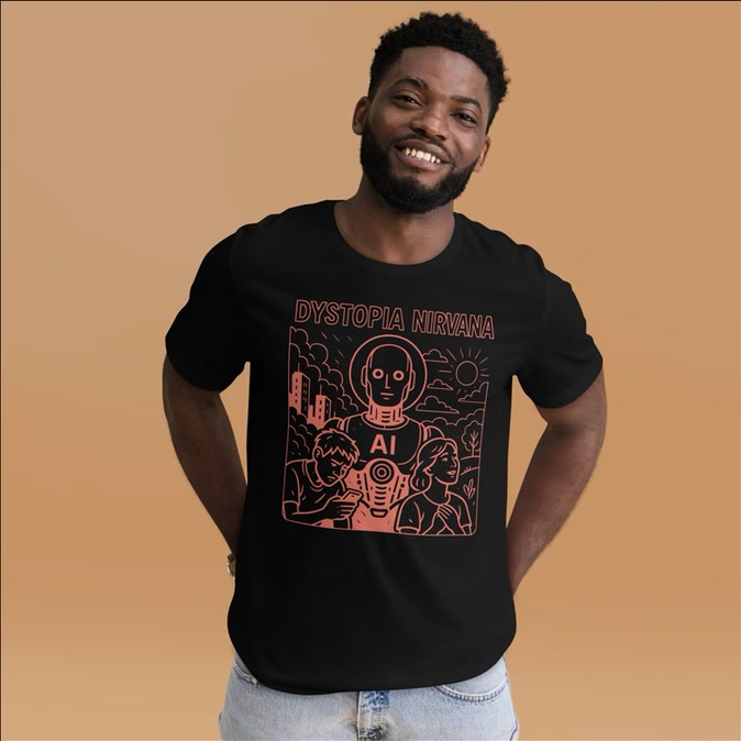 Full front view of the black Dystopia / Nirvana — Line Art graphic T-shirt