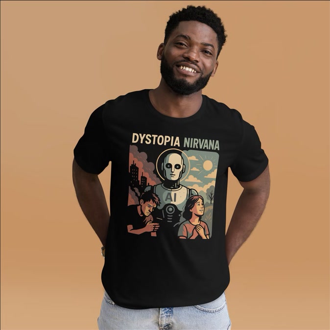 Full front view of the black Dystopia / Nirvana — Color graphic T-shirt