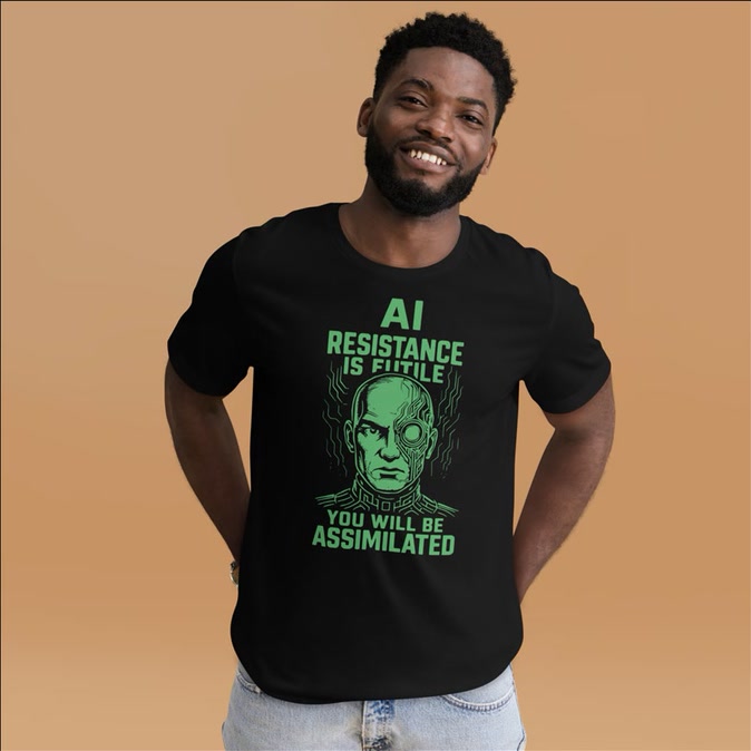 Full front view of the black AI Resistance Is Futile graphic T-shirt