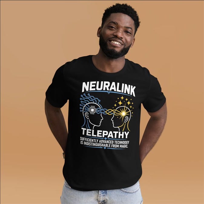 Full front view of the black Neuralink Telepathy graphic T-shirt