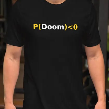 Close-up of the original yellow-and-white P(Doom) less-than-zero design on black fabric