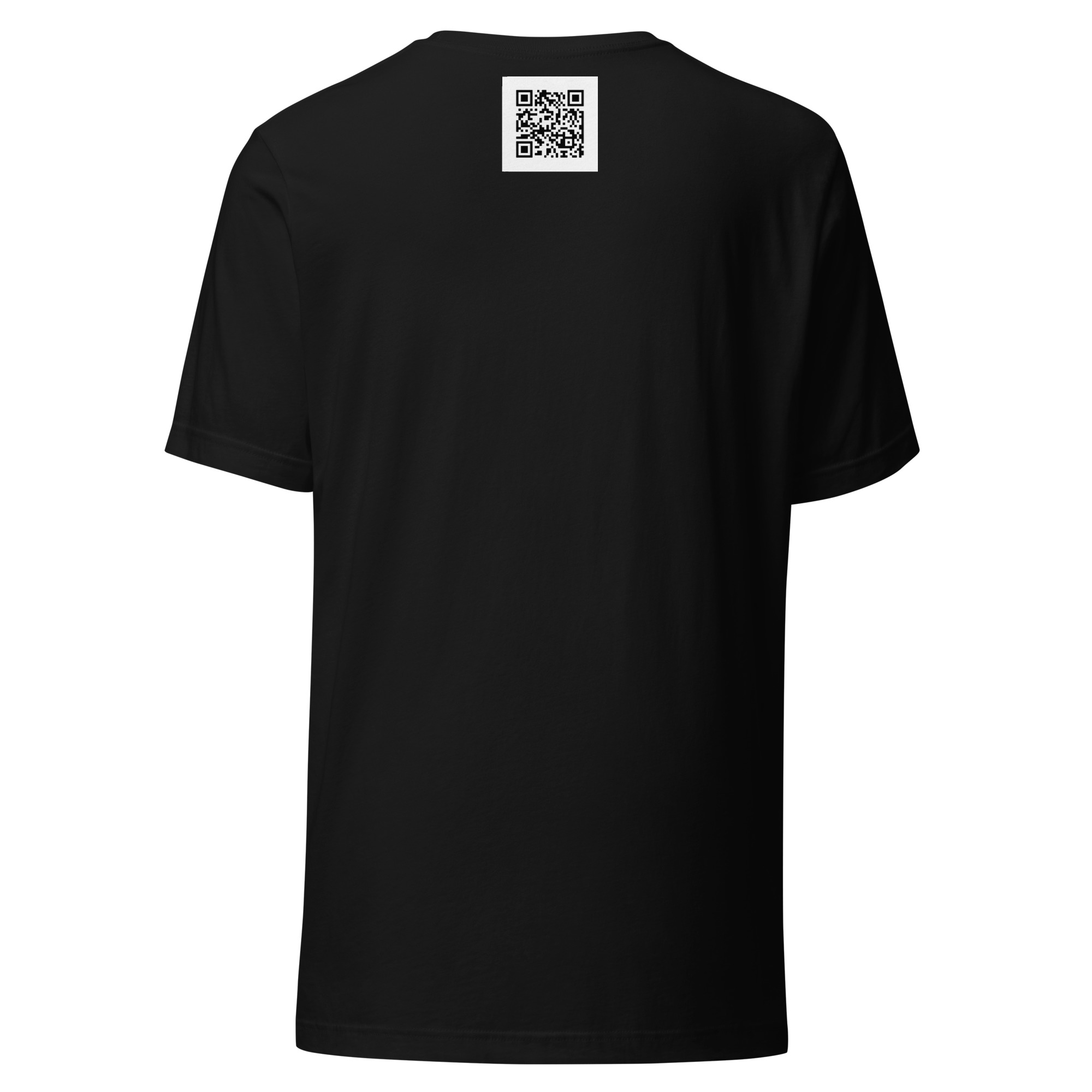 LEV shirt back with QR code centered just below the outside collar