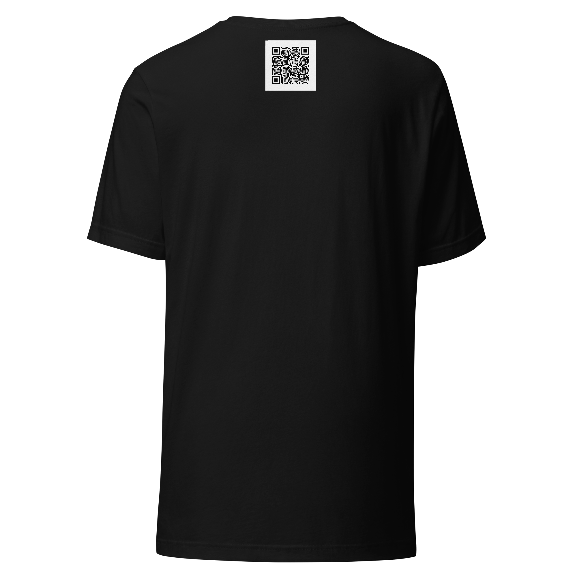 Back view showing the small centered QR code outside the back neck of the Word Map shirt