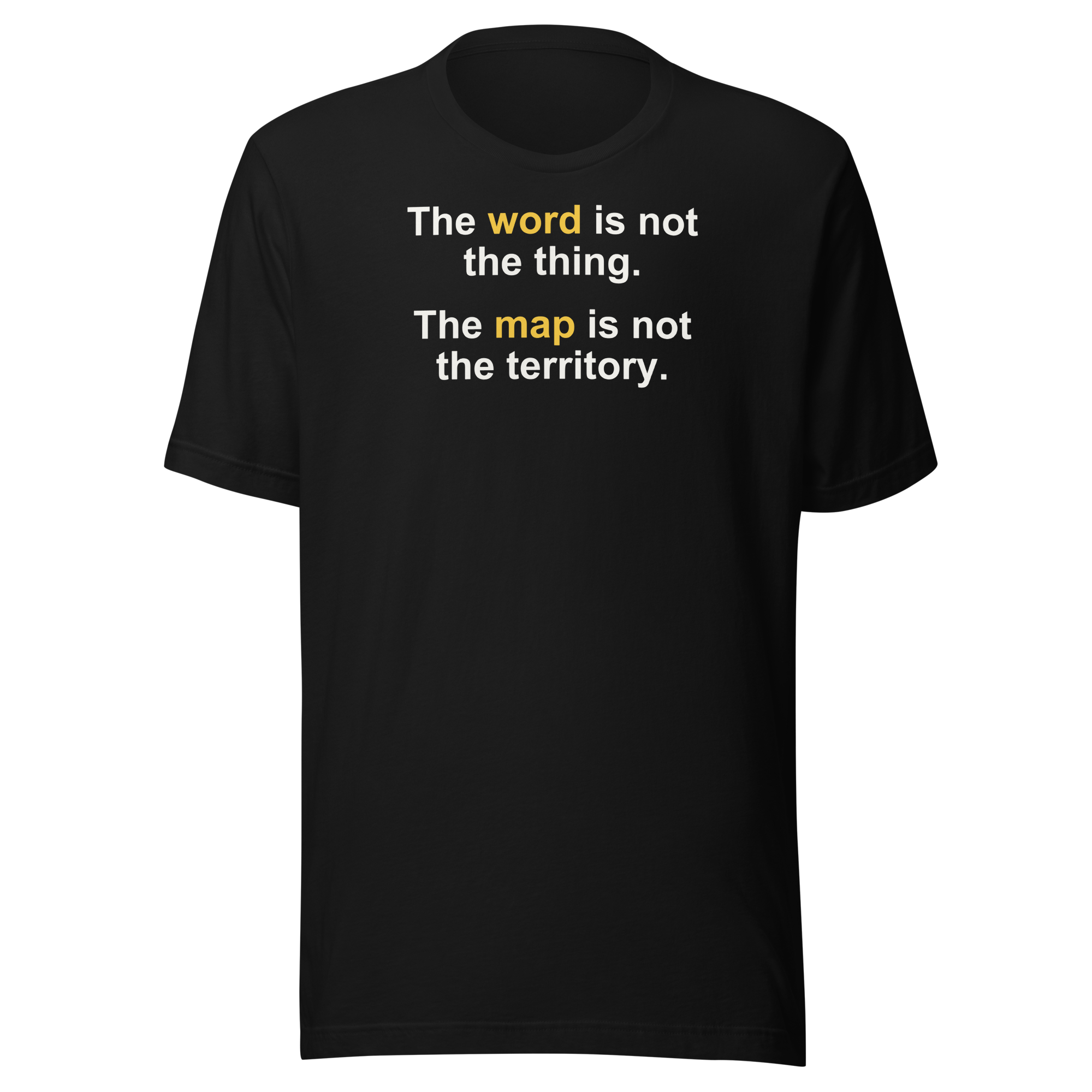 Full front of the black Word / Map text-only T-shirt, with yellow word and map accents